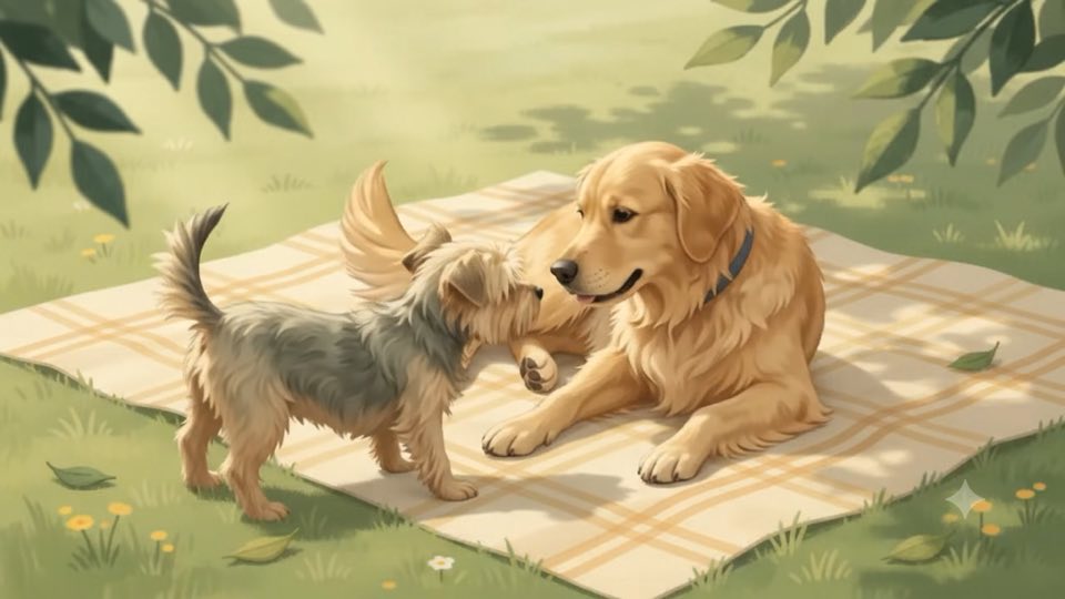 Two dogs playing together at a community gathering