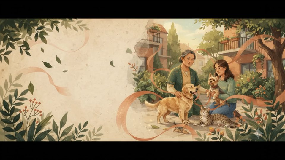 Painterly scene of pet parents, a dog, and a cat sharing care