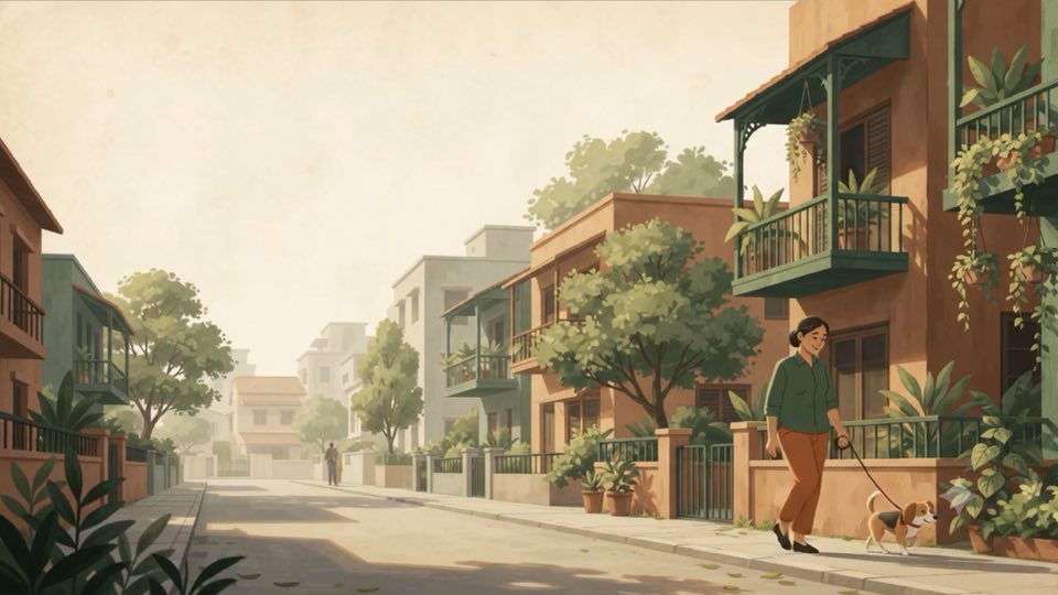 Caregiver walking a dog through a sunny neighbourhood
